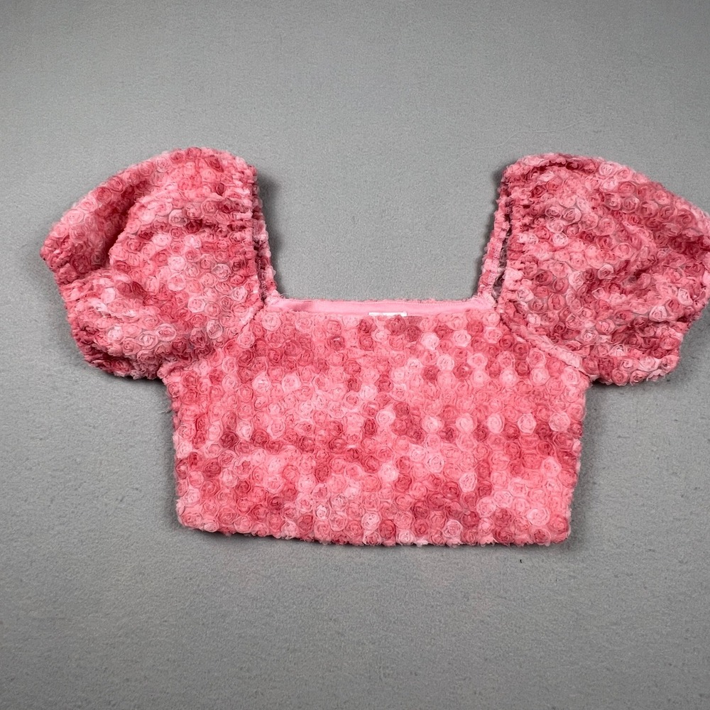 Le Lis Rosette Crop Top Small Pink 3D Floral Puff Sleeve Romantic Coquette